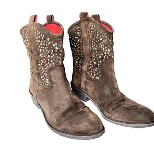 Beverly Feldman Brown Suede leather Rhinestone Cowboy Boots Women's Size 9
